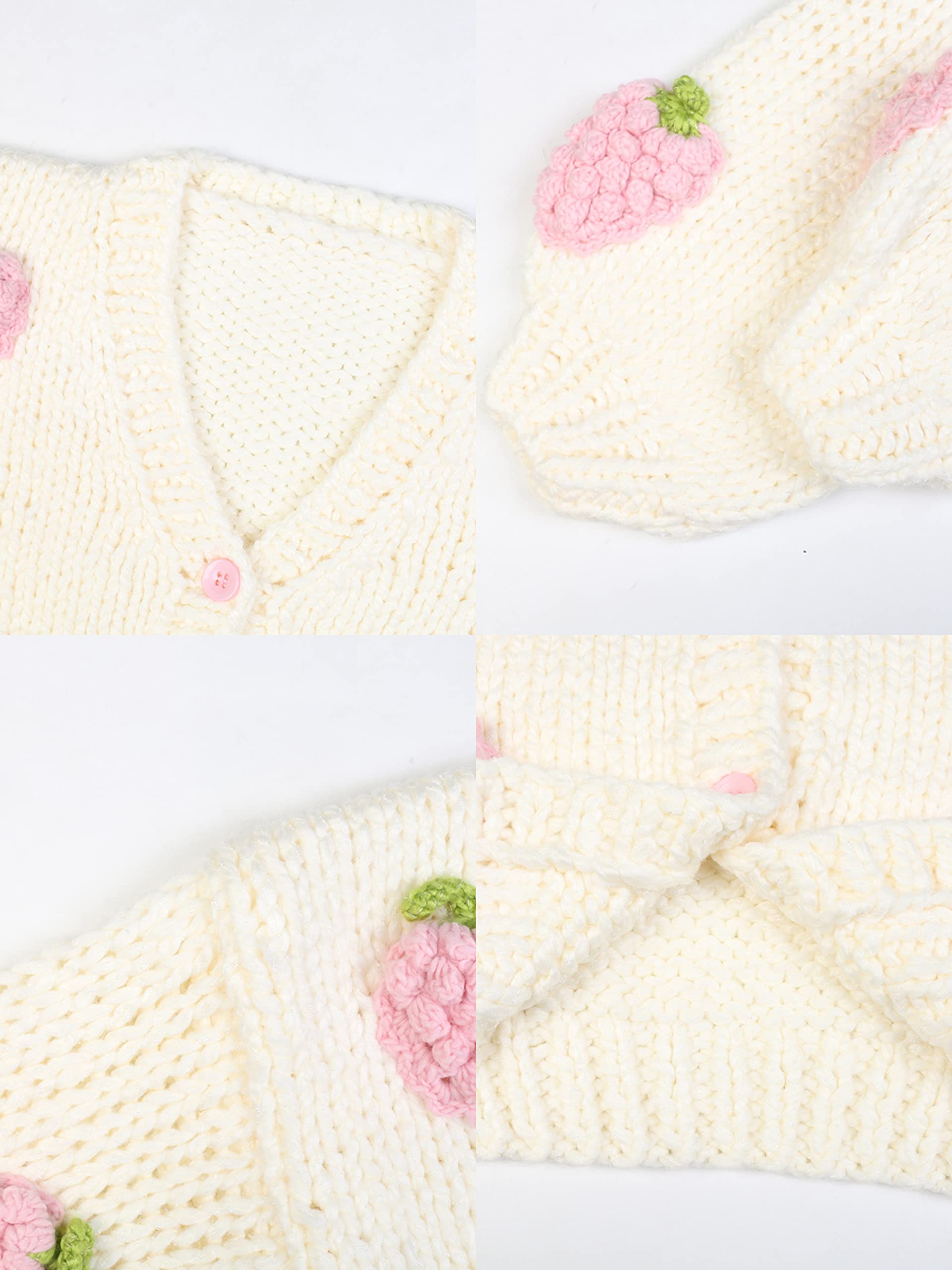 3D Pink Strawberry Pattern Woman Sweater White Knit Cardigan Cute Button V-neck